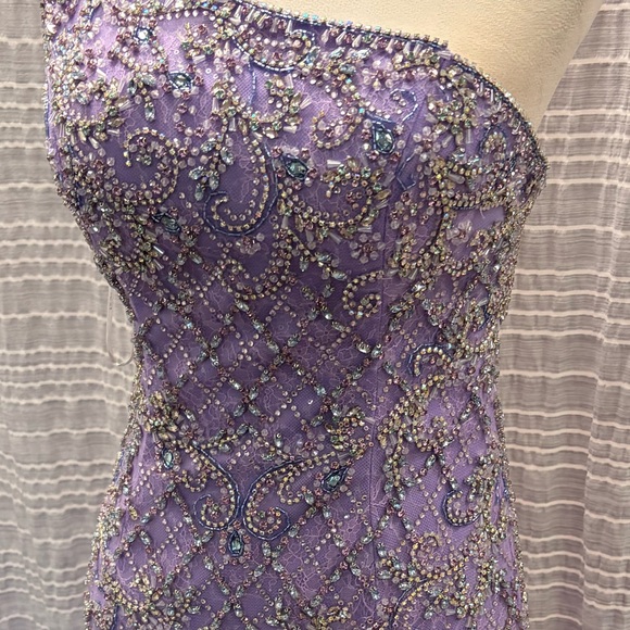 Rachel Allan Lavender One-Shoulder Ruffled Mermaid Gown - Picture 5 of 8